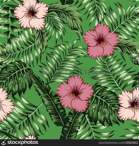 Tropical flowers pink and brown hibiscus on the green palm banana leaves seamless vector pattern. Exotic botanical background