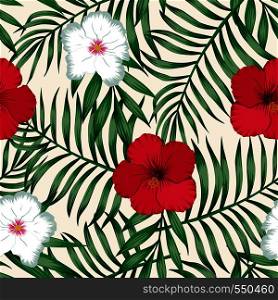 Tropical flowers red and white hibiscus on the green palm banana leaves seamless vector pattern. Exotic botanical background