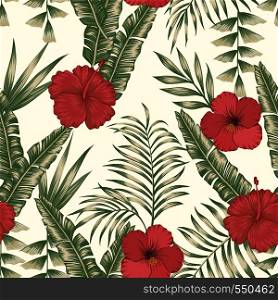 Tropical flowers red and white hibiscus on the green palm banana leaves seamless vector pattern. Exotic botanical background