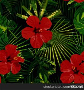 Tropical flowers red hibiscus green palm leaves seamless pattern. Old fashion illustration