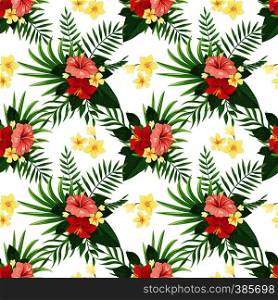 Tropical flowers seamless pattern. Summer tropic flower, wild plants leaves and tropics floral party. Exotic flowers for hawaiian wedding card or wallpaper vector background. Tropical flowers seamless pattern. Summer tropic flower, wild plants leaves and tropics floral party vector background