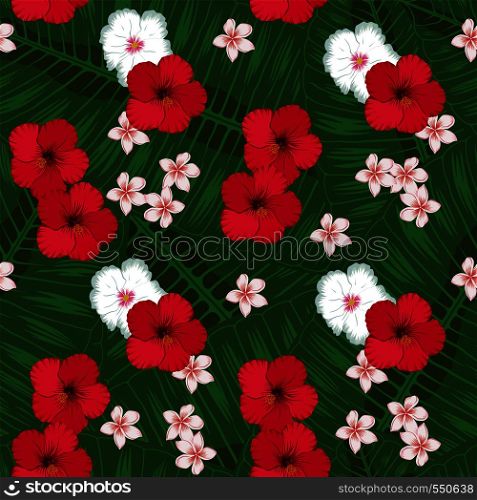 Tropical flowers seamless vector pattern background with exotic plants, plumeria leaves, jungle leaf, red and white hibiscus flowers. Botanical wallpaper illustration in the Hawaiian style