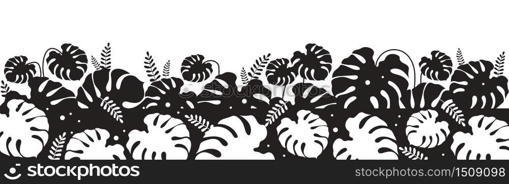Tropical foliage black silhouette vector illustration. Monstera leaf. Philodendron decoration. Wild shrubs and bushes. Exotic monochrome landscape. Subtropical leaves 2d cartoon shape
