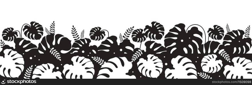 Tropical foliage black silhouette vector illustration. Monstera leaf. Philodendron decoration. Wild shrubs and bushes. Exotic monochrome landscape. Subtropical leaves 2d cartoon shape