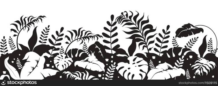 Tropical foliage black silhouette vector illustration. Wild vegetation. Botanical and herbal decoration. Shrubs and bushes. Exotic monochrome landscape. Subtropical leaves 2d cartoon shape