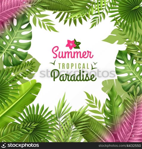 Tropical Foliage Decorative Background Frame . Summer tropical paradise decorative frame or background dezign with opulent rainforest plants foliage composition vector illustration