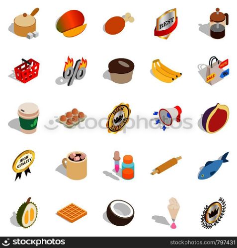 Tropical food icons set. Isometric set of 25 tropical food vector icons for web isolated on white background. Tropical food icons set, isometric style