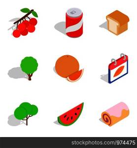 Tropical food icons set. Isometric set of 9 tropical food vector icons for web isolated on white background. Tropical food icons set, isometric style