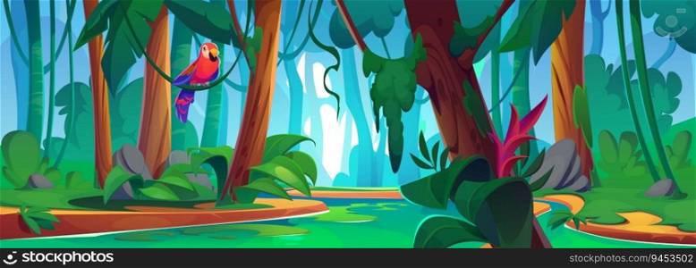Tropical forest landscape with river and parrot sitting on branch. Vector cartoon illustration of jungle wood with exotic green plants and flowers, liana vines on old trees. Adventure game background. Tropical forest landscape with river and parrot