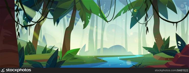 Tropical forest landscape with river. Vector cartoon illustration of jungle wood with exotic green plants, sunlight beams, liana vines on tree branches above blue water. Adventure game background. Tropical forest landscape with river