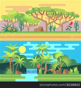 Tropical forest landscapes vector flat illustration. Tropical forest landscapes vector flat illustrations. Landscape with river and palm tree, illustration of nature landscape in flat style design