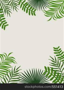 Tropical frame from flat green leaves on the white background. Vector foliage vertical poster