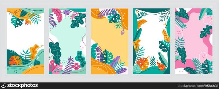 Tropical frame template. Social media story backgrounds with leaves of tropical plants, abstract jungle frames vector set. Beautiful bright botanical tree branch borders. Natural art. Tropical frame template. Social media story backgrounds with leaves of tropical plants, abstract jungle frames vector set