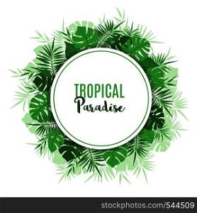 Tropical frame with exotic tropical leaves, palm tree and monstera in hand drawn style. Floral border template. Vector illustration.. Floral frame with exotic tropical green leaves.