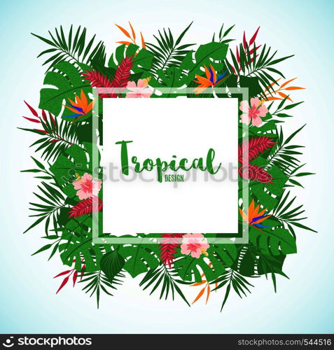 Tropical frame with exotic tropical leaves, palm tree, monstera and flowers in hand drawn style. Floral border template. Vector illustration.. Frame with exotic tropical leaves and flowers.