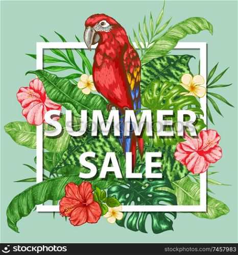 Tropical frame with green palm leaves, flowers and red parrot. Design for seasonal summer sale. Hand drawn vector illustration