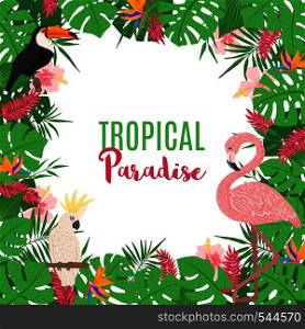 Tropical frame with palm tree, monstera and exotic birds in hand drawn style. Floral border template. Vector illustration.. Tropical frame with exotic leaves and birds.