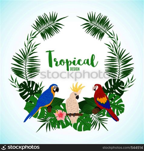 Tropical frame with palm tree, monstera and exotic parrots in hand drawn style. Floral border template with birds. Vector illustration.. Exotic frame with tropical leaves and birds.