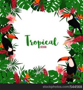 Tropical frame with palm tree, monstera and exotic toucan bird in hand drawn style. Floral border template. Vector illustration.. Tropical frame with exotic leaves and toucan bird.
