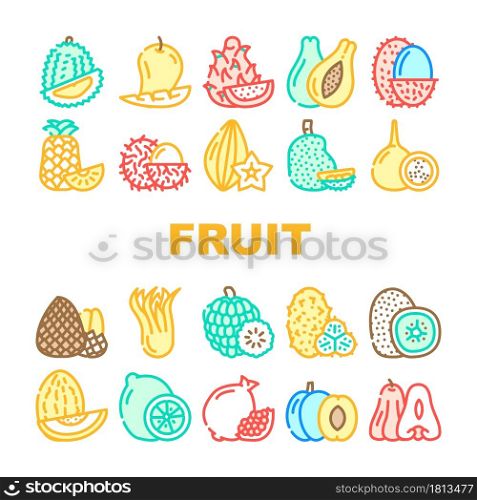 Tropical Fruit Delicious Food Icons Set Vector. Mango And Durian, Papayas And Lychee, Pineapple And Custard Apple, Pomegranate And Kiwi Exotic Fruit Line. Natural Vitamin Nutrition Color Illustrations. Tropical Fruit Delicious Food Icons Set Vector