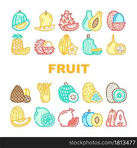 Tropical Fruit Delicious Food Icons Set Vector. Mango And Durian, Papayas And Lychee, Pineapple And Custard Apple, Pomegranate And Kiwi Exotic Fruit Line. Natural Vitamin Nutrition Color Illustrations. Tropical Fruit Delicious Food Icons Set Vector