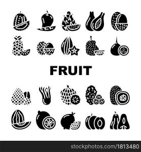 Tropical Fruit Delicious Food Icons Set Vector. Mango And Durian, Papayas And Lychee, Pineapple And Custard Apple, Pomegranate And Kiwi Exotic Fruit. Nutrition Glyph Pictograms Black Illustrations. Tropical Fruit Delicious Food Icons Set Vector