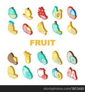 Tropical Fruit Delicious Food Icons Set Vector. Mango And Durian, Papayas And Lychee, Pineapple And Custard Apple, Pomegranate And Kiwi Exotic Fruit. Nutrition Isometric Sign Color Illustrations. Tropical Fruit Delicious Food Icons Set Vector