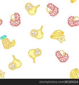 Tropical Fruit Delicious Food Vector Seamless Pattern Color Line Illustration. Tropical Fruit Delicious Food Icons Set Vector