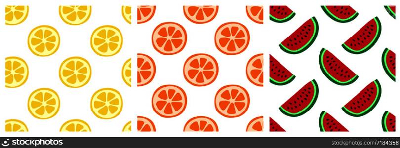 Tropical fruit seamless pattern set. Orange, lemon and watermelon. Fashion design. Food print for clothes, linens or curtain. Hand drawn vector sketch background collection