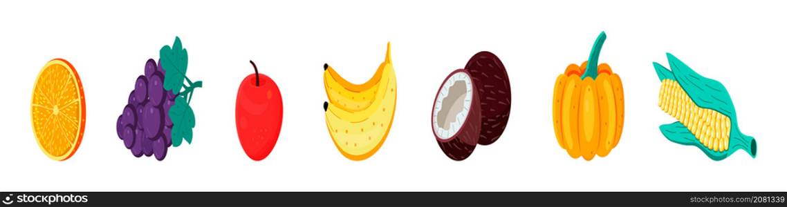 Tropical fruit set vector. Orange, grape, coconut are shown in hand drawn, organic style. Bananas, pumpkin illustration. Apple and corn are shown.. Tropical fruit set vector. Orange, grape, coconut are shown in hand drawn, organic style. Bananas, pumpkin illustration.