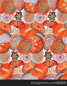 Tropical fruit slices orange brushed.Hand drawn with ink and colored with marker brush seamless background.Creative hand made brushed design.