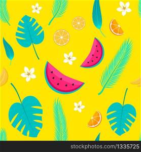 Tropical Fruits and palm Leafes Seamless Pattern, Summer Backgroundin Vector. Illustration of Watermelon, Oranges, Bannanas, Flowers and Leaves. Perfect for wallpapers, web page backgrounds, surface textures, textile.. Tropical Fruits and Leafes Seamless Pattern, Summer Background in Vector.