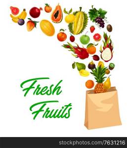 Tropical fruits market, farm food exotic fruits, vector pineapple, orange and melon. Tropical fruits and farm berries strawberry, papaya, peach and apple, mango, exotic guava and grapes in paper bag. Tropical fruits market, farm food exotic fruits