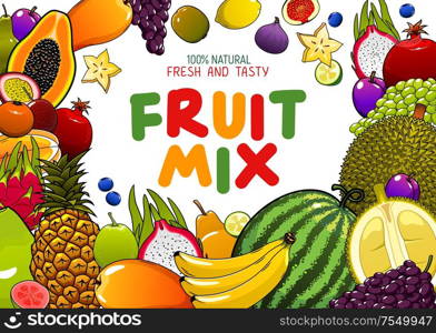 Tropical fruits mix, juicy multifruit banana, pineapple, mango and watermelon. Vector natural organic papaya, tropic durian and exotic dragon fruit, pomegranate and grape, blueberry and apple. Exotic fruits, tropical juicy mix, berries