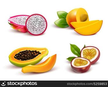 Tropical Fruits Realistic Set. Realistic tropical fruits isolated images set with dragon fruit passionfruit papaya and mango cut in slices vector illustration