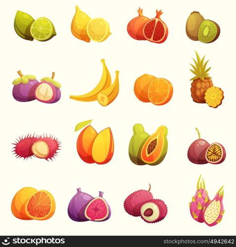 Tropical Fruits Retro Cartoon Icons Set. Fresh tropical fruits retro cartoon icons set with lime banana papaya kiwi and pomegranate isolated vector illustration