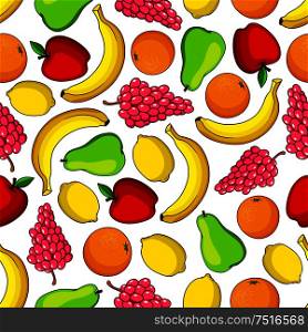 Tropical fruits seamless pattern with banana and oranges, lemon and red apple, violet grape and green pear fruits on white background. Kitchen interior, dessert and textile print themes design. Colorful tropical fruits seamless pattern