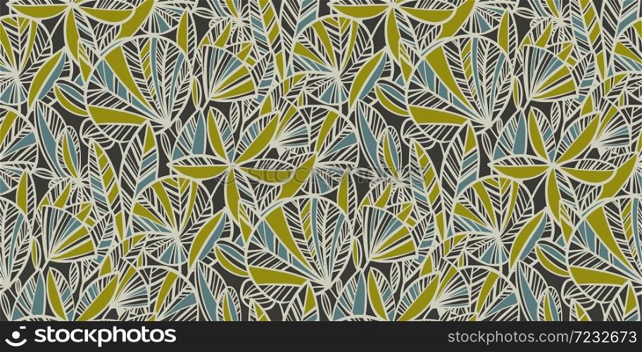Tropical garden foliage seamless pattern for background, fabric, textile, wrap, surface, web and print design. Green greenhouse vintage vibes leaves tile motif.
