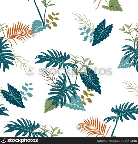 Tropical garden leaves on monotone blue color seamless pattern,for decorative,apparel,fashion,fabric,textile,print or wallpaper,vector illustration