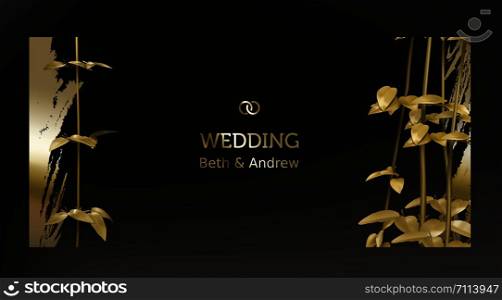 Tropical gold leaves on dark black background vector. Botanical exotic horizontal design with golden tropic jungle creeper plant stem and paint smear. Wedding ceremony invitation card, holiday sale. Tropical black and gold leaves on dark background