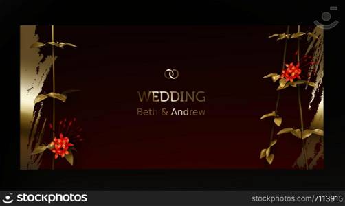 Tropical gold leaves on dark maroon background vector. Botanical design with golden tropic jungle creeper plant stem, exotic red flower and paint smear. Wedding ceremony invitation card, holiday sale. Tropical black and gold leaves on dark background