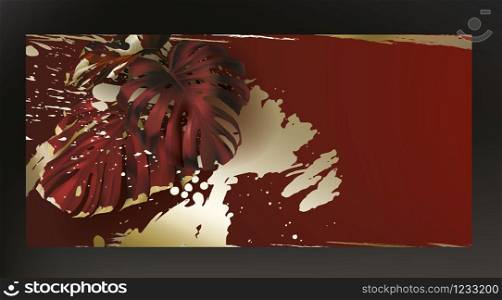 Tropical gold maroon monstera leaf, on dark red background vector. Beautiful botanical design with tropic jungle leaves, exotic plant and golden paint smear Wedding invitation card, holiday sale. Tropical black and gold leaves on dark background