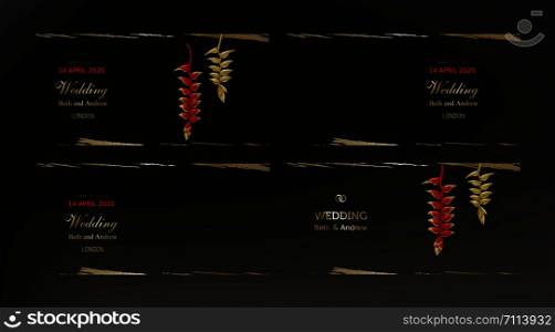 Tropical gold red heliconia plants on dark black background vector. Beautiful botanical vintage design with golden paint smear, tropic jungle exotic flower. Wedding invitation card, holiday sale. Tropical gold red plants on black background