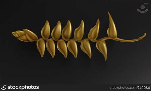 Tropical golden flora isolated on dark black background vector. Beautiful botanical design with tropic jungle rainforest plant, exotic bud flower heliconia. Vintage design element. Tropical black and gold leaves on dark background