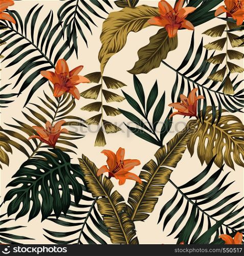 Tropical green and gold palm, banana leaves and orange lily flowers abstract colors seamless vector pattern on the white background