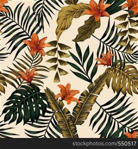 Tropical green and gold palm, banana leaves and orange lily flowers abstract colors seamless vector pattern on the white background