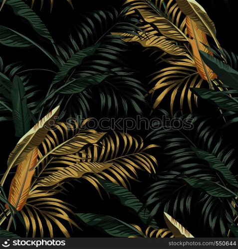Tropical green and golden banana leaves seamless pattern on the black background. Beach vector wallpaper