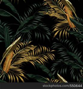Tropical green and golden banana leaves seamless pattern on the black background. Beach vector wallpaper