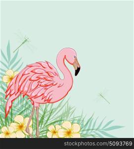 Tropical green background with pink flamingo and flowers