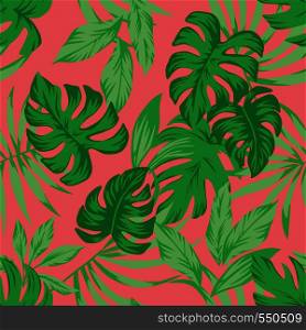 Tropical green leaves on the living coral background. Seamless vector pattern